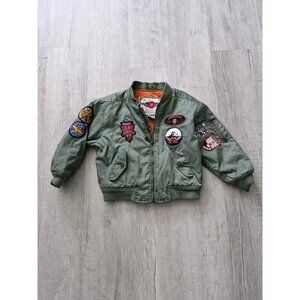Boys Bomber Jacket With Patches 100% Nylon Size Small Zipper Green Airplane